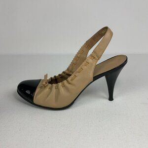 Chanel Elegant Tan & Black Cap Toe Slingback Pumps with Bow, Size 39.5